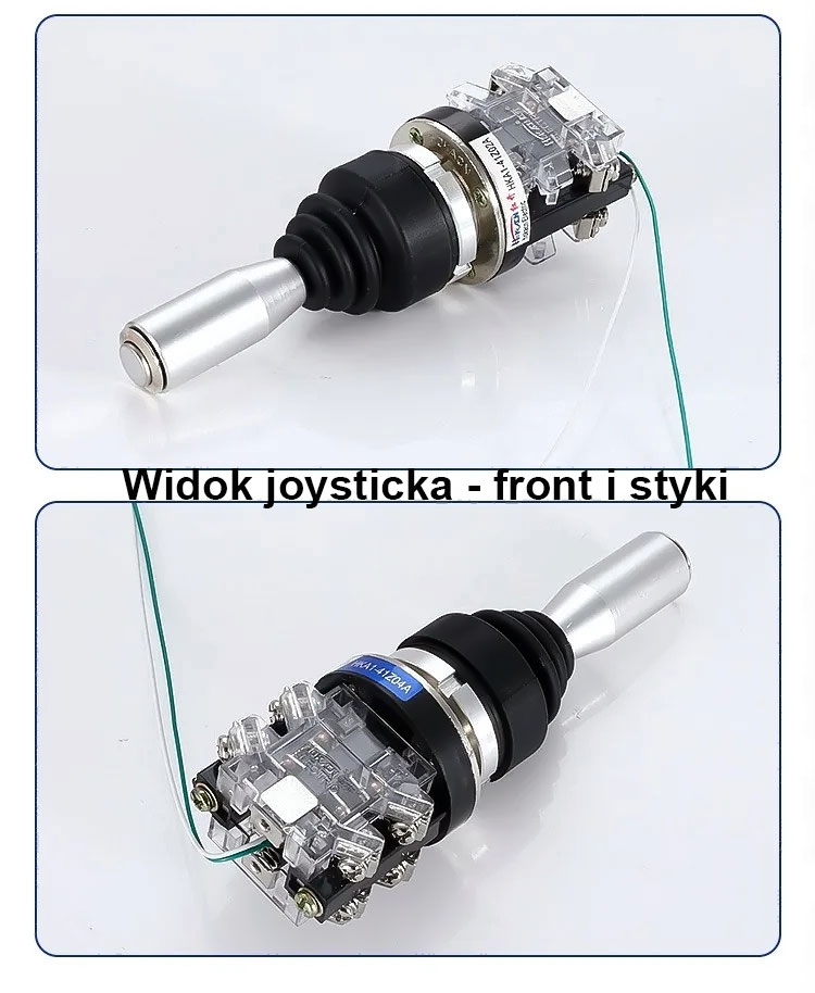 Widok joysticka z frontu oraz od strony styków