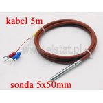 Czujnik temperatury PT 100; sonda 5x50mm; pomiar do 250°C; kabel silkonowy 5 m